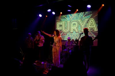 Furya live at Cinetol, Amsterdam: Emrah O., saxophone/clarinet; Onur E., guitar (electric/acoustic); Işınsu S., vocals; Özgür D., drums/percussion; Özgür B., bass guitar